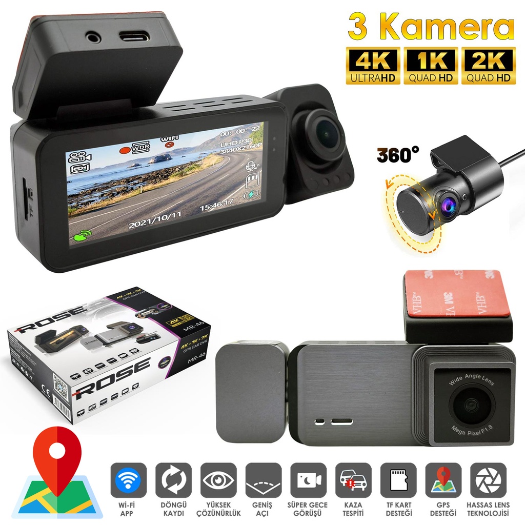 Wifi Araç İçi 3 Kamera GPS'li DVR Led Ekran Gece Renkli Sesli 4K+2K+1K Rose MR-46 GPS