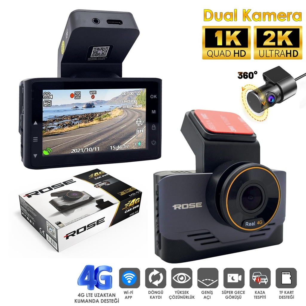 4G Wifi Araç İçi 2 Kamera DVR Led Ekran Gece Renkli Sesli 2K+1K Rose MR-93