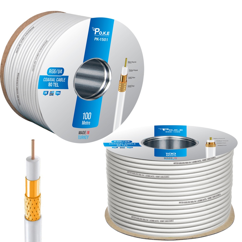 80Tel RG6/U6 Gold Anten Kablosu 1.02 100mt Poke PK-1501