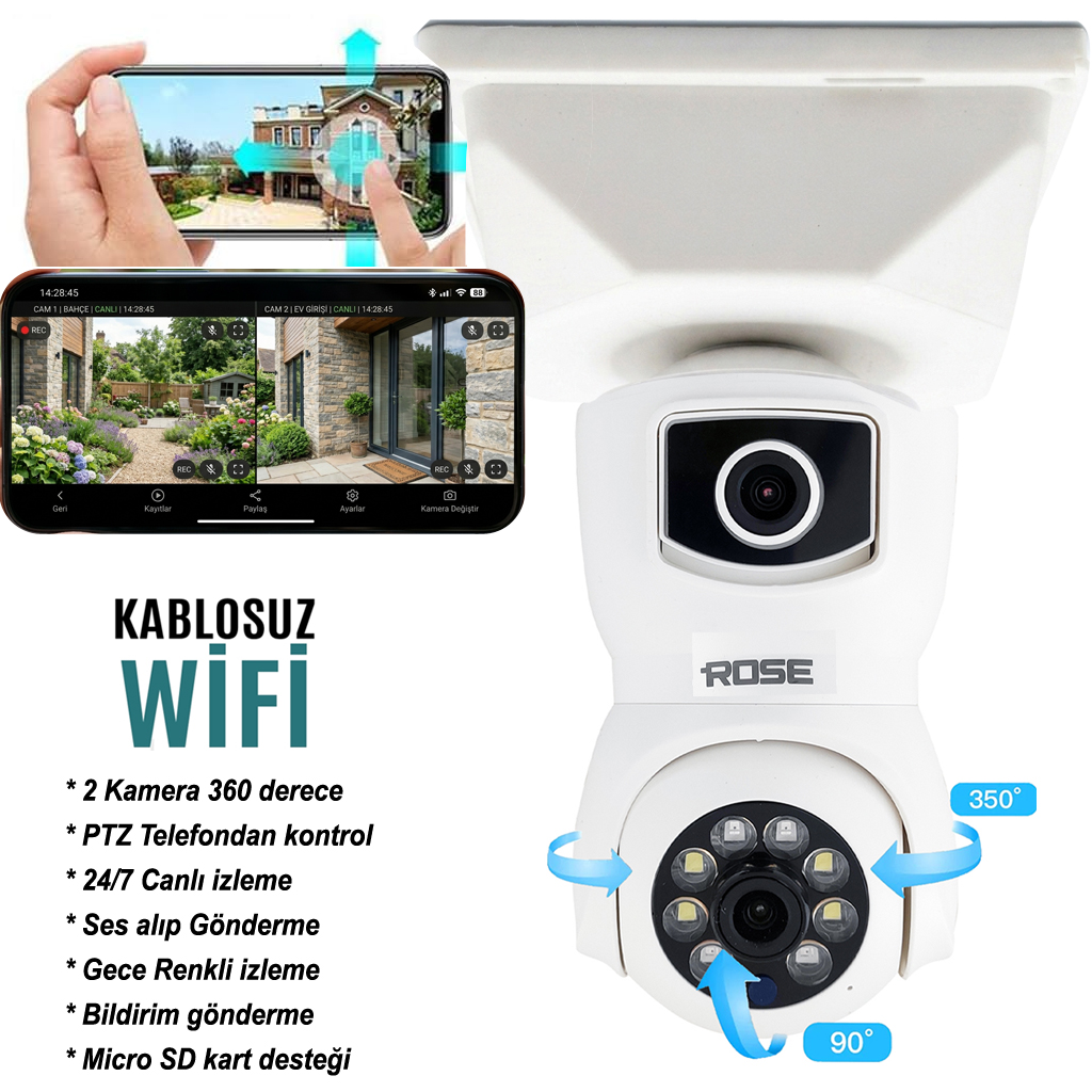 Wifi PTZ Akıllı 2 Kamera Gece Renkli Sesli Tak Kullan Buatlı Rose 30125-BT