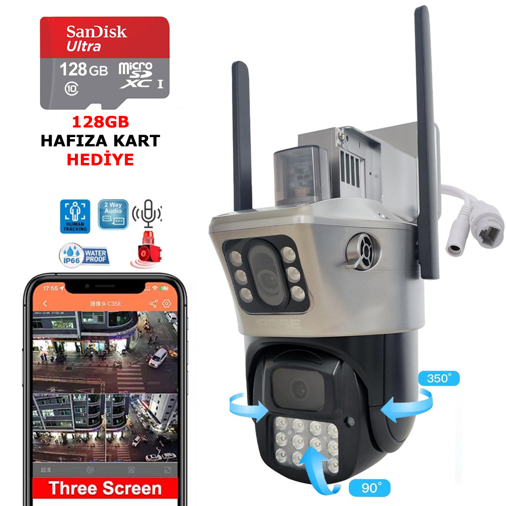 128GB Hafıza Kartlı Wifi PTZ Akıllı 2 Kamera Gece Renkli Sesli Dış Mekan 1080p Rose AHD-30180-128GB