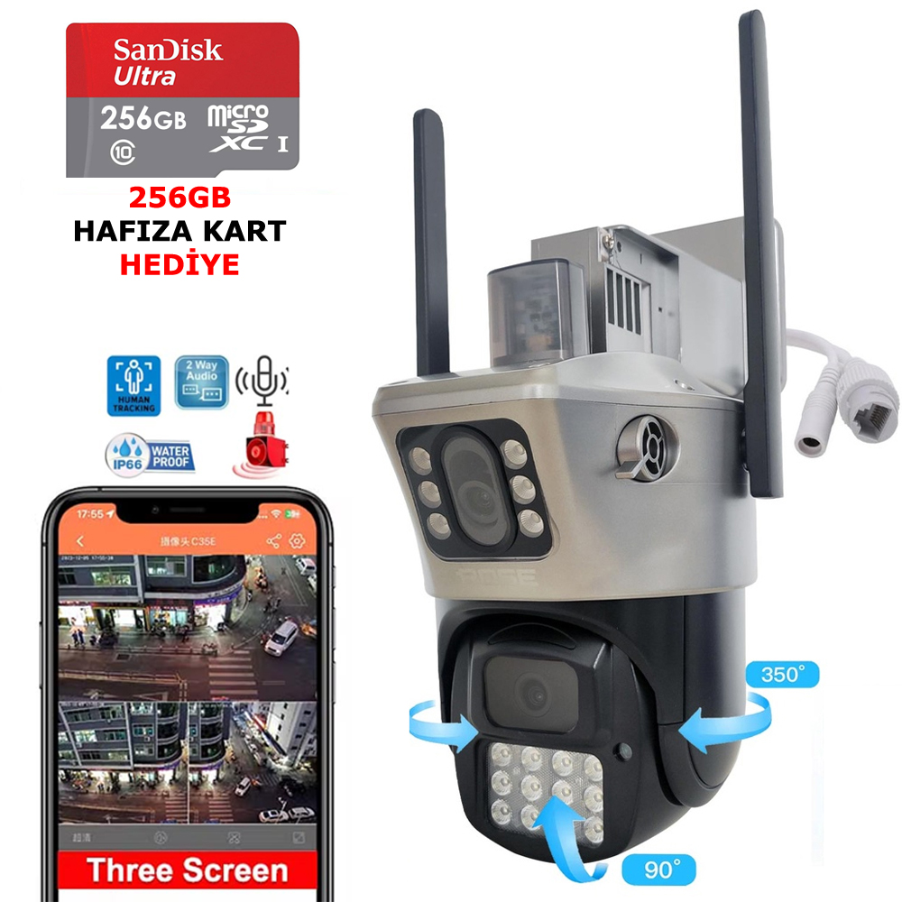 256GB Hafıza Kartlı Wifi PTZ Akıllı 2 Kamera Gece Renkli Sesli Dış Mekan 1080p Rose AHD-30180-256GB