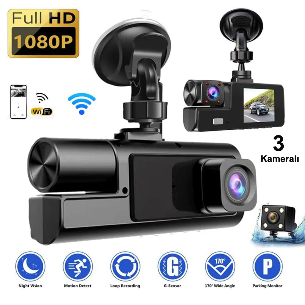 Wifi Araç İçi 3'lü Kamera DVR Led Ekran Gece Renkli Sesli Super HD Pars PRS S-1