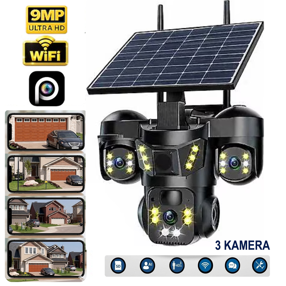 Wifi Solar PTZ Akıllı 3 Kamera 9MP Gece Renkli Sesli Çakar led Alarm X5Tech RX-66WS