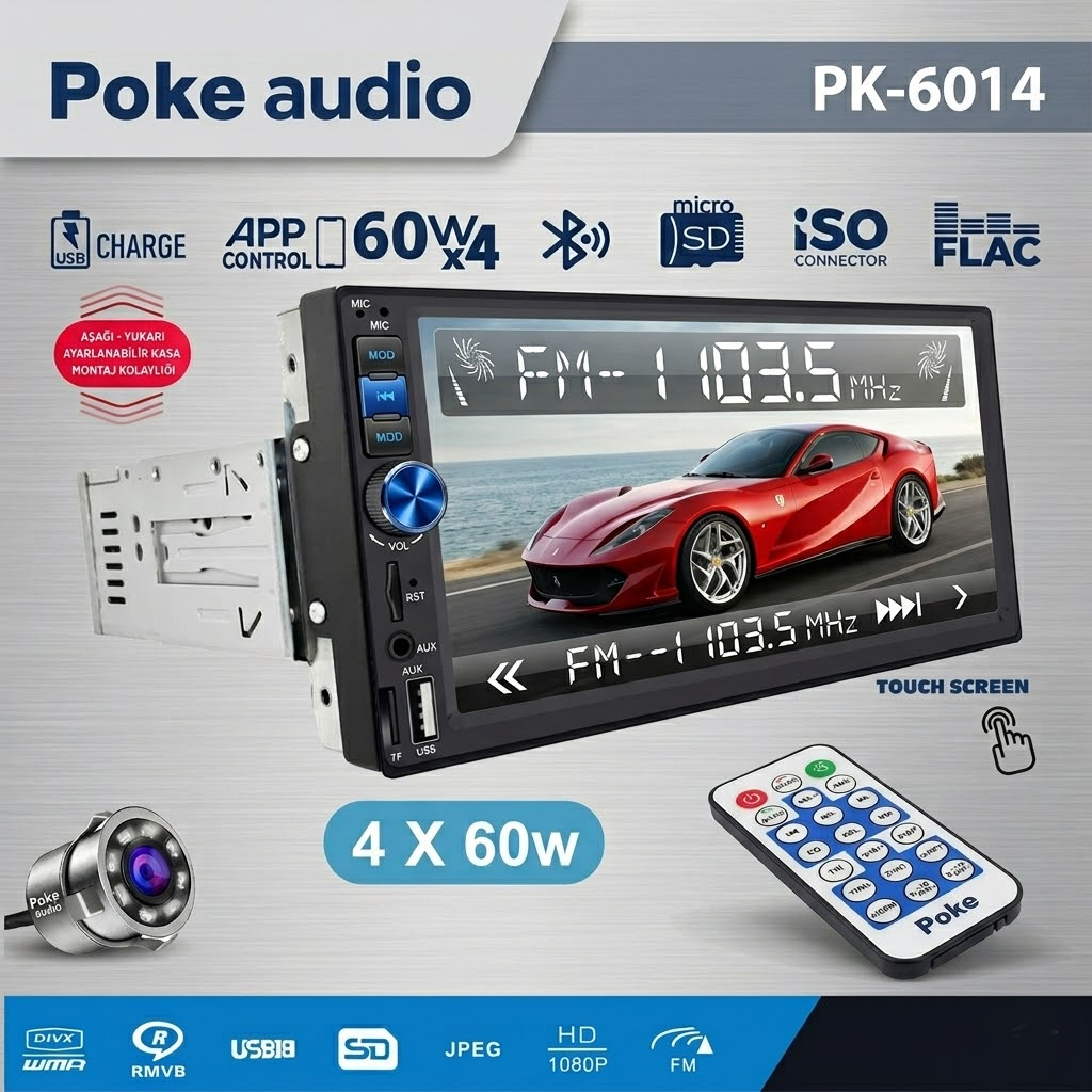 7'' Tofaş 4x60w 7388 Entegre Bt2x Usb Sd Aux Fm Şarjlı Kameralı APP Kontrol Poke PK-6014
