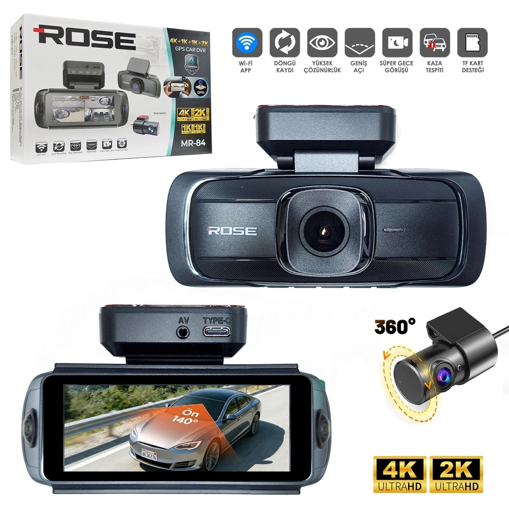 4G Wifi Araç İçi 4 Kamera DVR Led Ekran Gece Renkli Sesli 2K+1K Rose MR-84