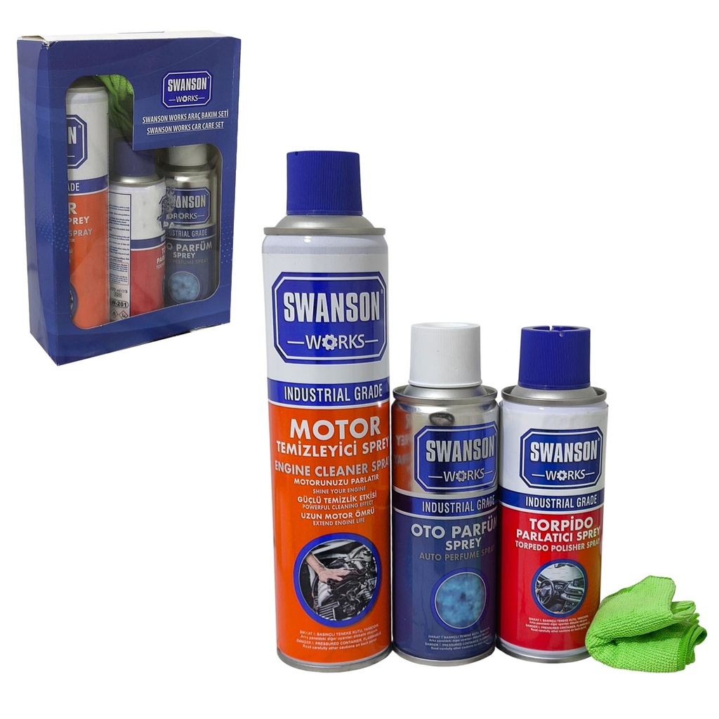 Motor Temizleyici Oto Parfüm Torpido Parlatıcı 3'lü Araç Bakım Seti Swanson SW-03