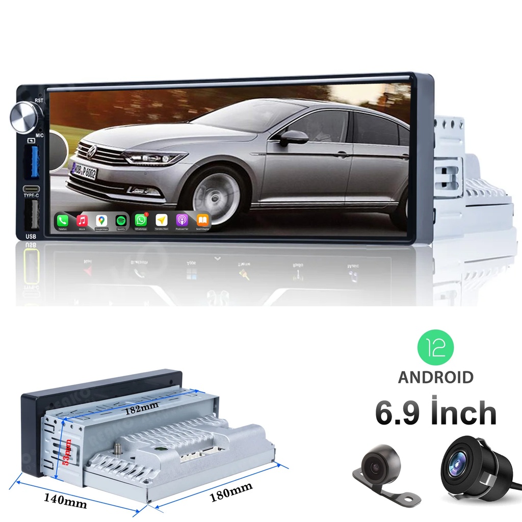 6.9'' Android Tek Din Teyp 4x60w 2-32 Type-C Şarj Carplay Twogo WO-1975 