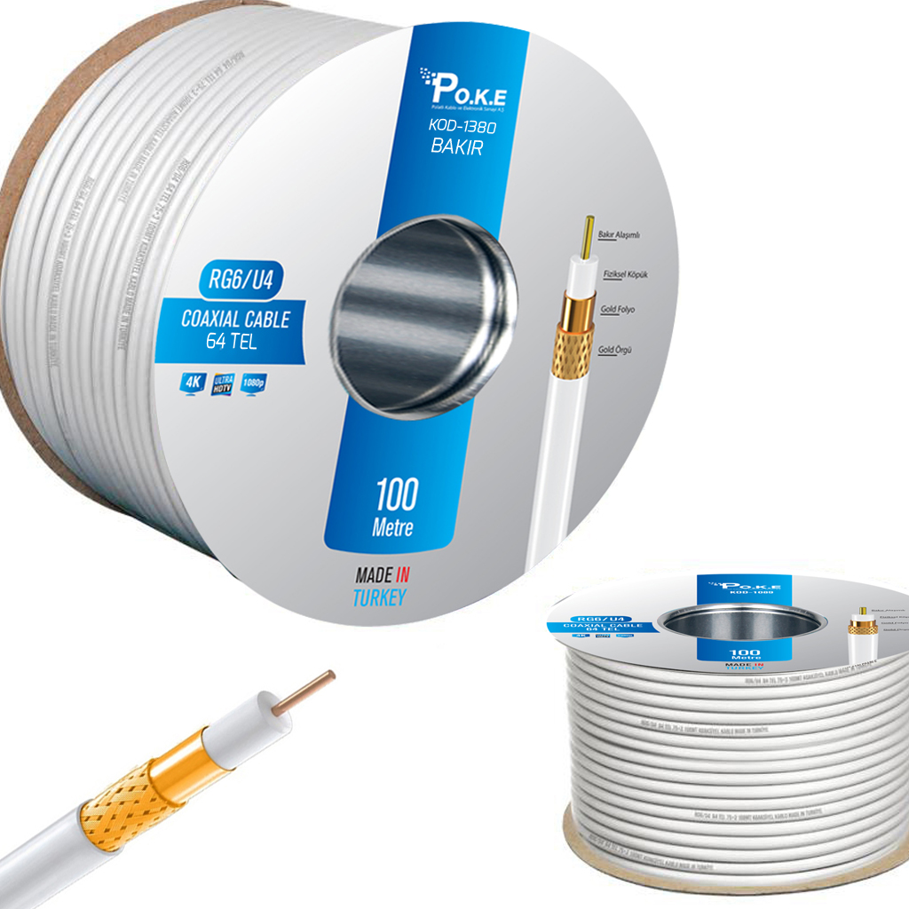 Anten Kablosu Tam Bakır RG6/U6 64Tel CU 100mt Poke PK-1380
