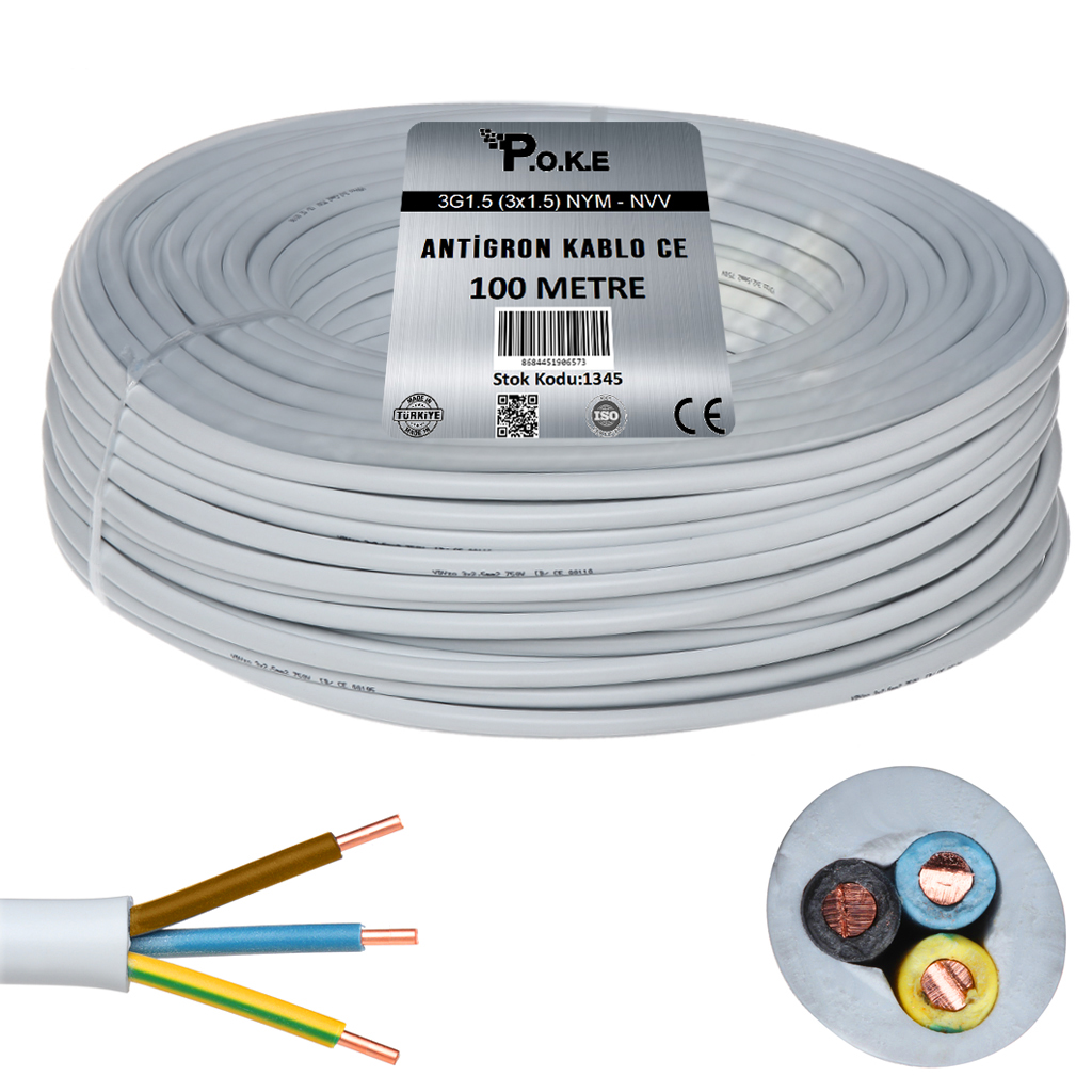 3x1.5 NYM - NVV Bakır CU Antigron Kablo CE 100mt Poke PK-1345