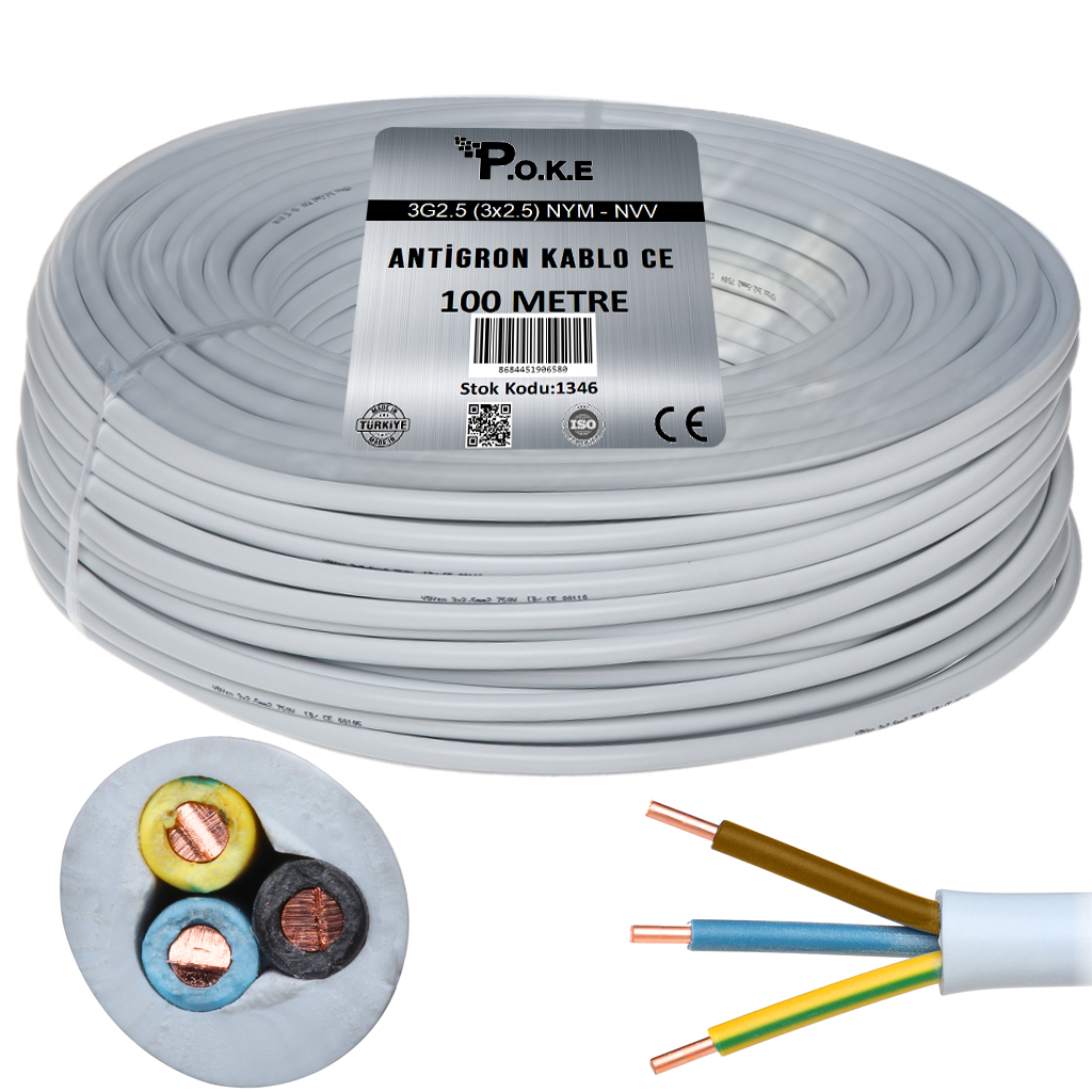 3x2.5 NYM - NVV Bakır CU Antigron Kablo CE 100mt Poke PK-1346