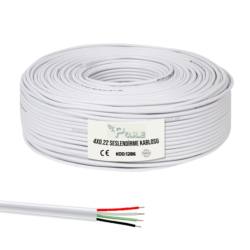 4x0.22 Bakır Seslendirme Kablosu Beyaz 100mt Poke PK-1286
