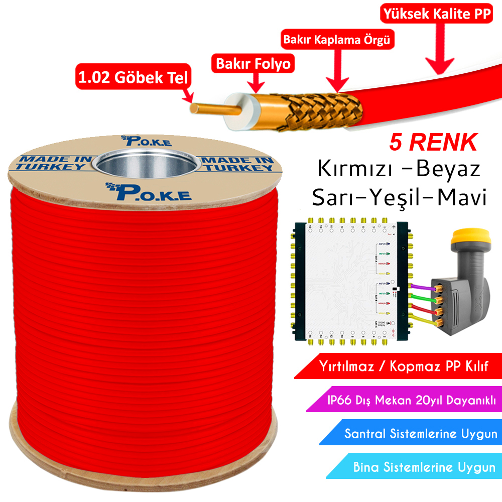 64Tel Dış Mekan RG6/U6 PP Anten Kablosu Gold 1.02 Tüm Renkler 300mt Poke PK-1486