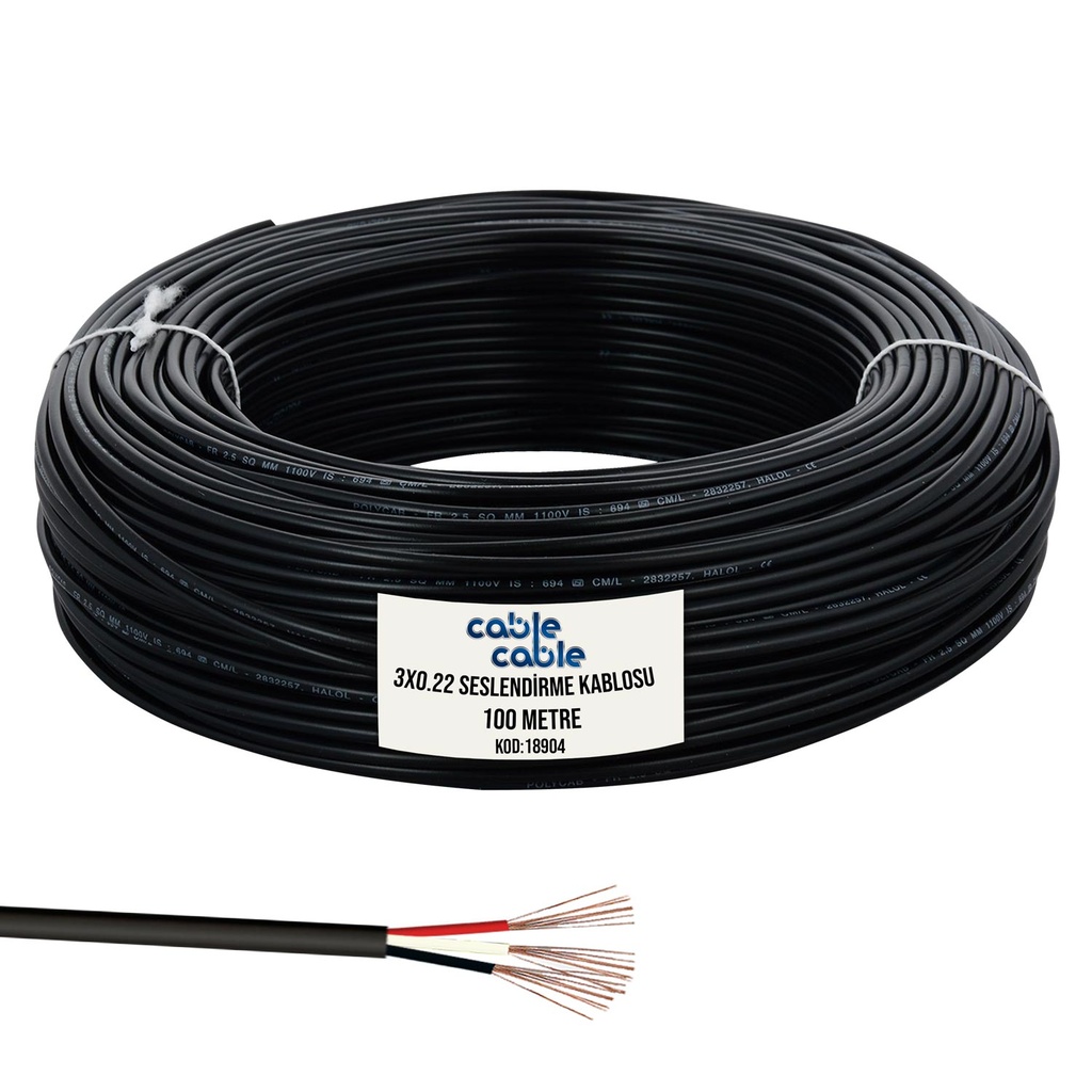 Seslendirme Kablosu Stereo 3X0.22 100mt Siyah Poke Pk-1295