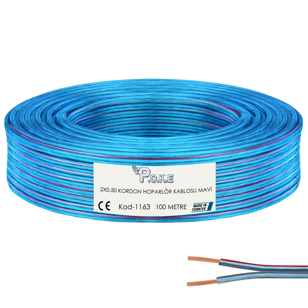 2x0.50 Hoparlör Kablosu Kordon Şeffaf Mavi 100mt Poke Pk-1163  