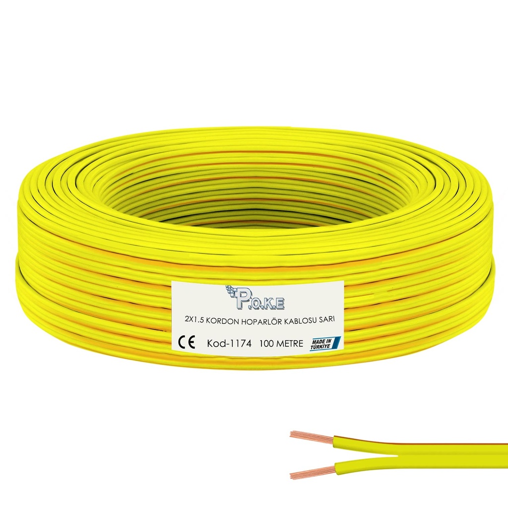 2x1.5 Hoparlör Kablosu Sarı Kordon 100mt Poke Pk-1174