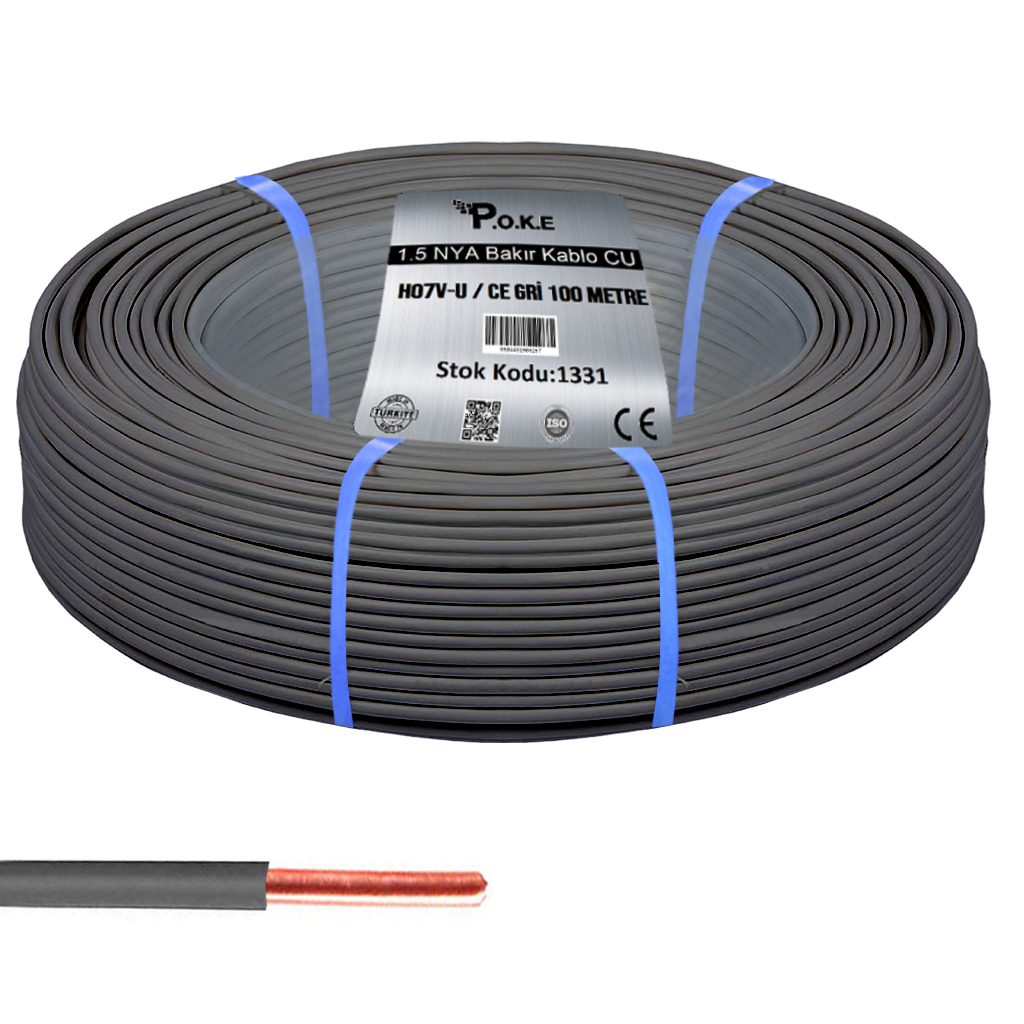 1.5 NYA Bakır CU Kablo H07V-U CE Gri 100mt Poke PK-1331