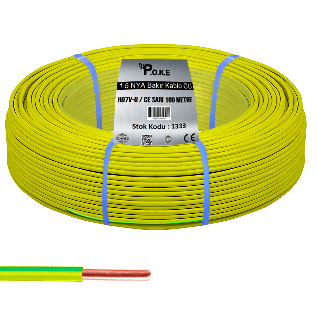 1.5 NYA Bakır CU Kablo H07V-U CE Sarı 100mt Poke PK-1333