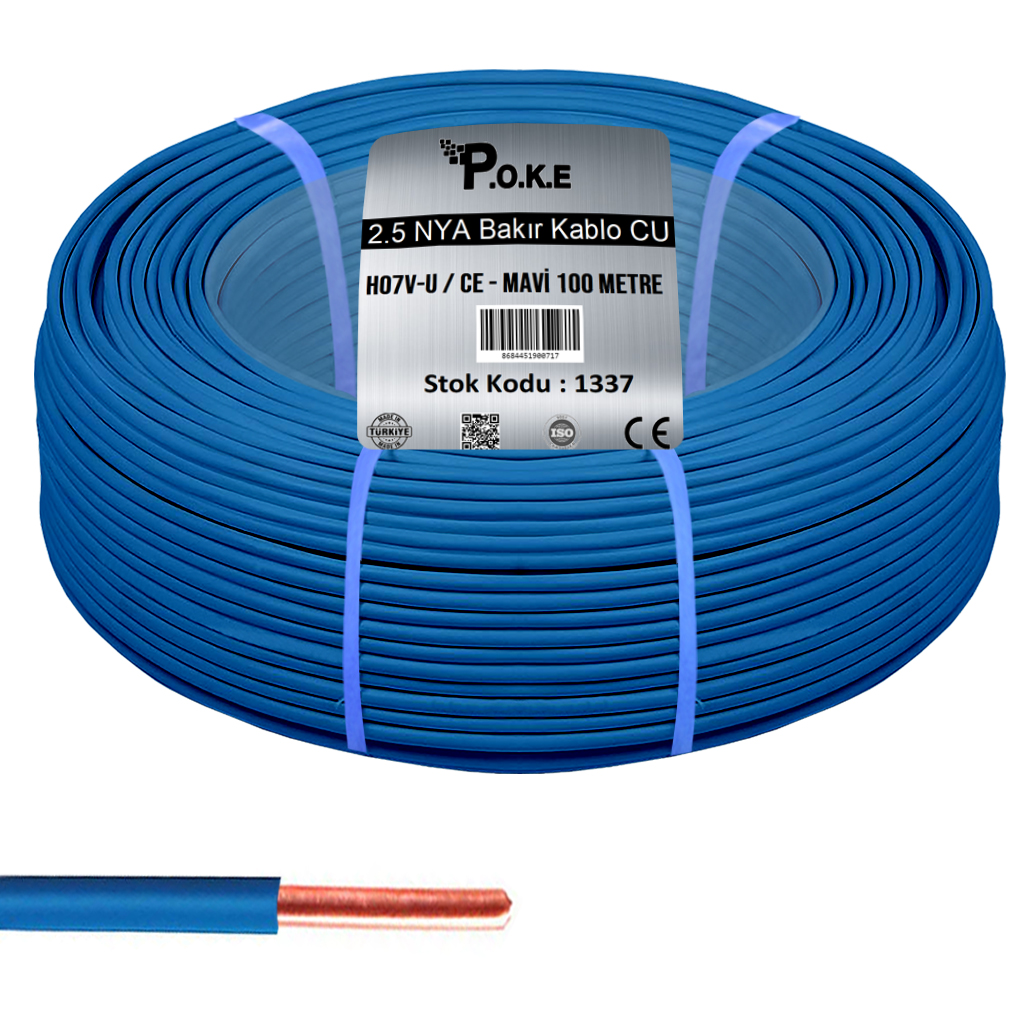 2.5 NYA Bakır CU Kablo H07V-U CE Mavi 100 mt Poke PK-1337