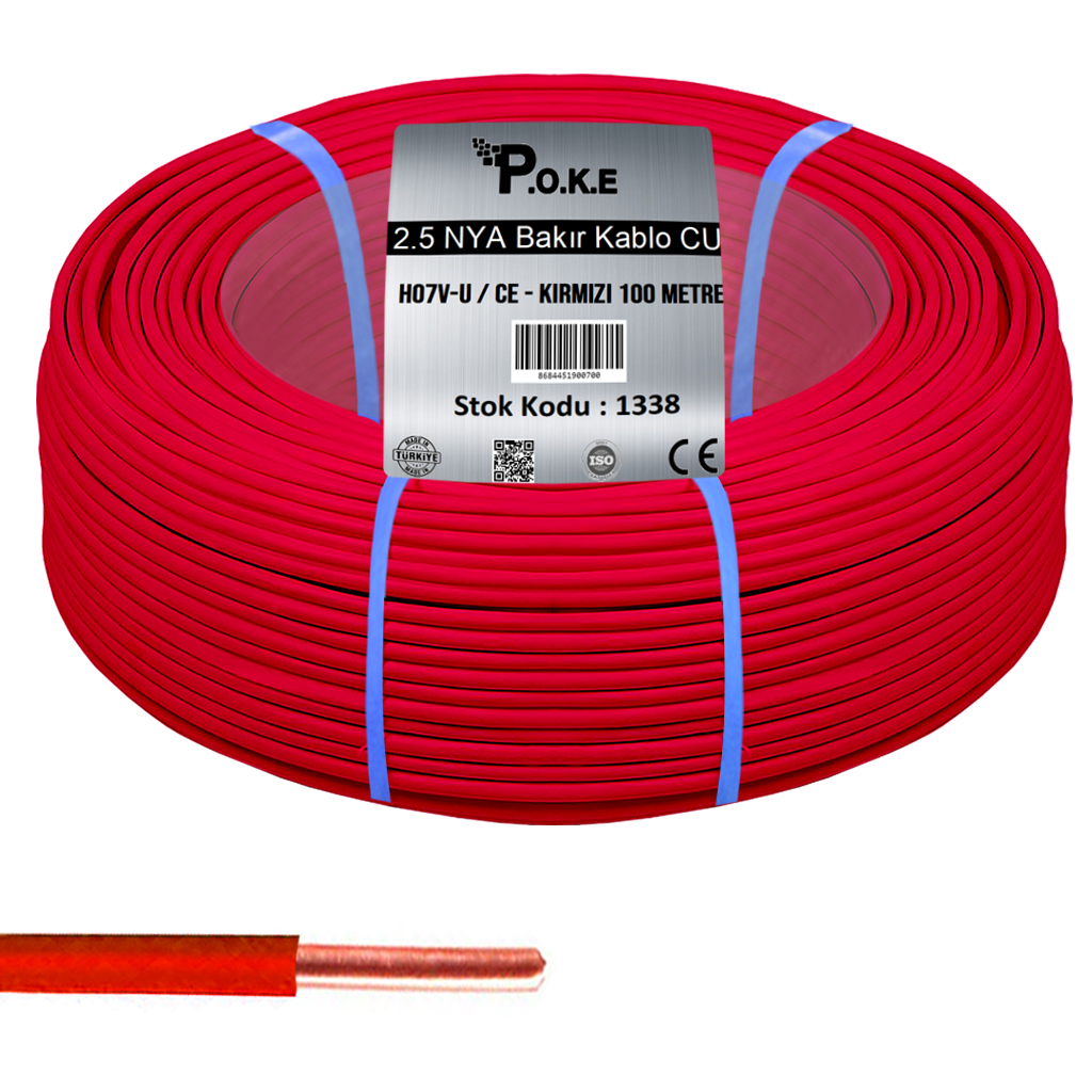 2.5 NYA Bakır CU Kablo H07V-U CE Kırmızı 100 mt Poke PK-1338