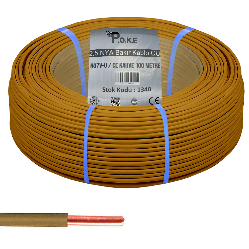 2.5 NYA Bakır CU Kablo H07V-U CE Kahve 100 mt Poke PK-1340