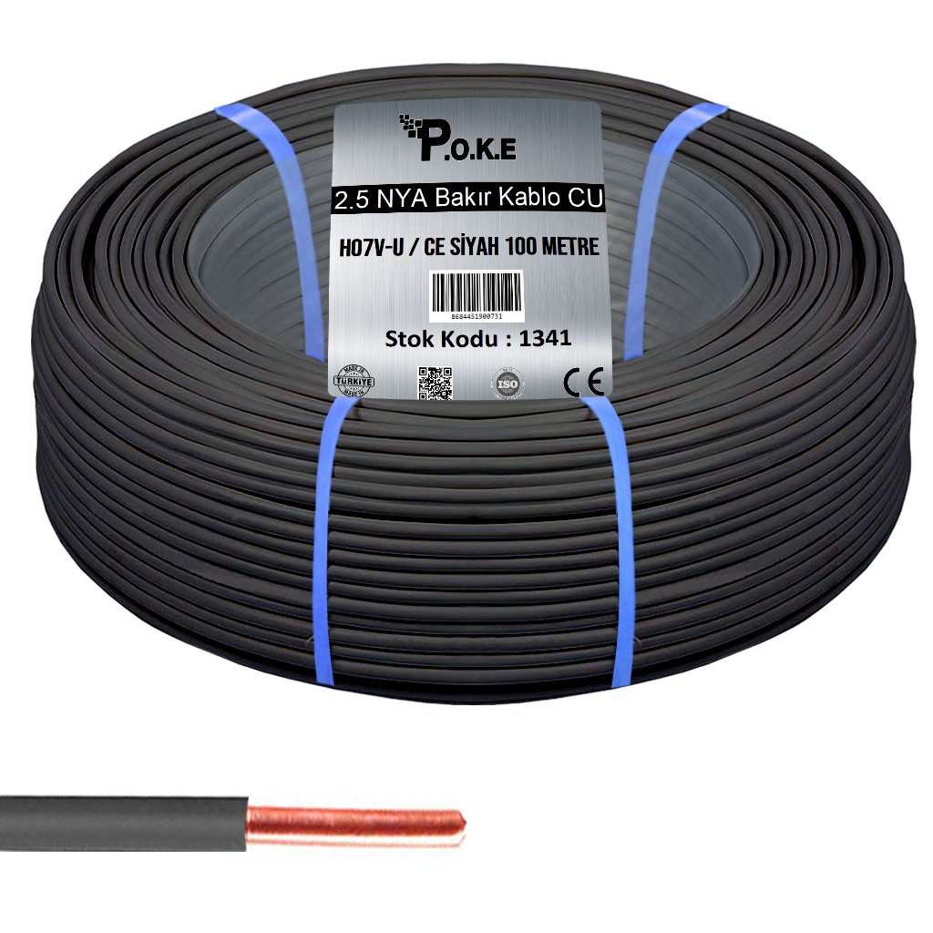 2.5 NYA Bakır CU Kablo H07V-U CE Siyah 100 mt Poke PK-1341