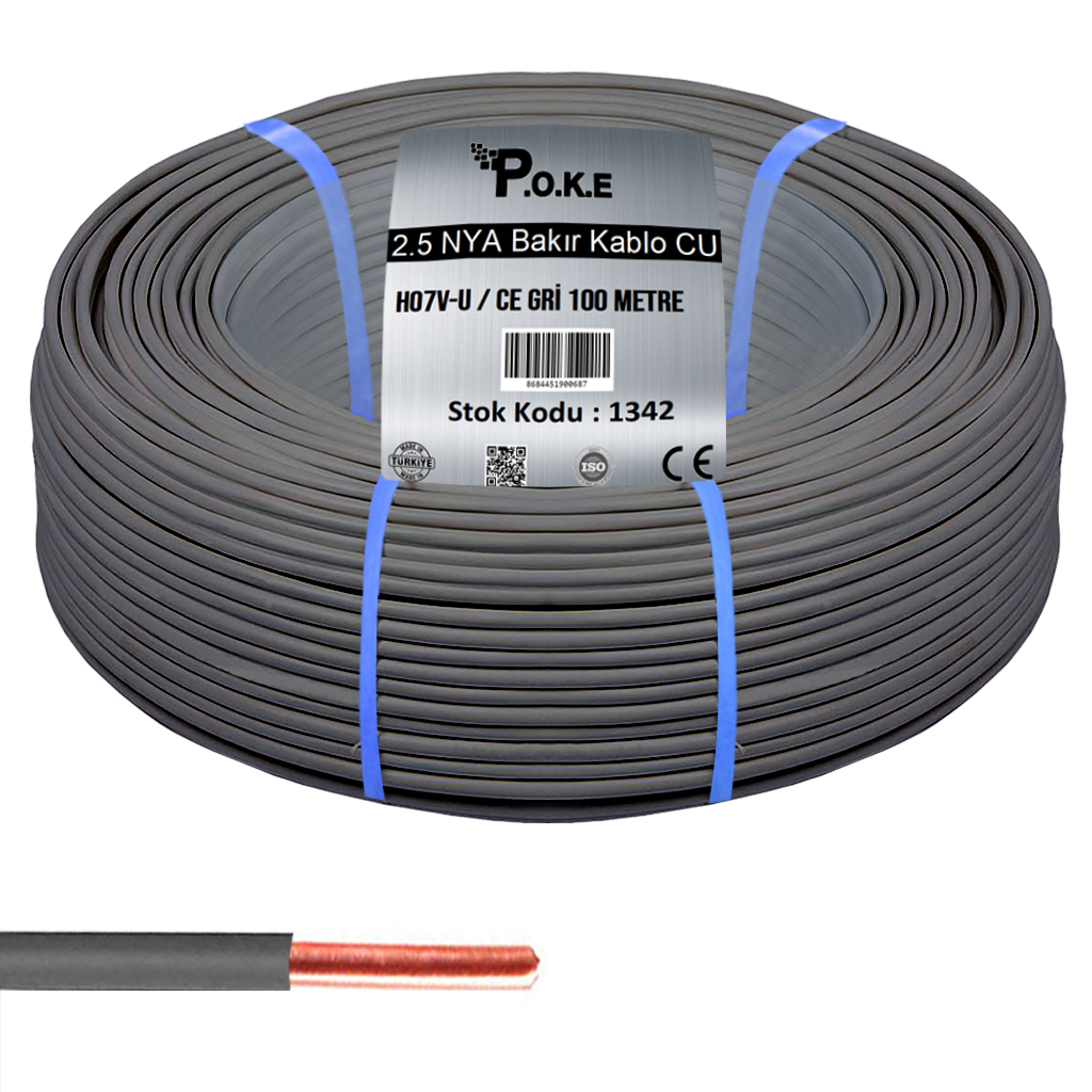 2.5 NYA Bakır CU Kablo H07V-U CE Gri 100mt Poke PK-1342