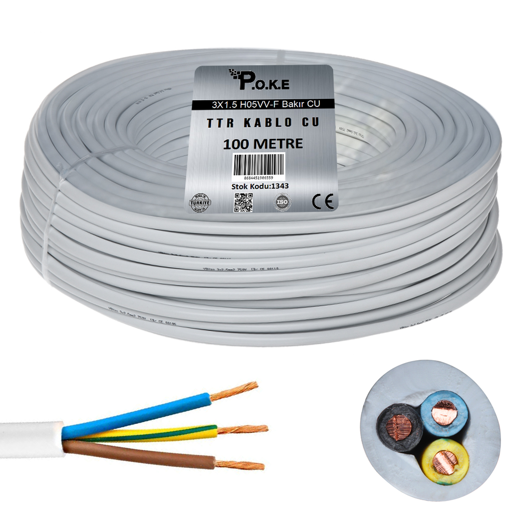 3x1.5 H05VV-F Bakır TTR Kablo CU 100mt Poke PK-1343